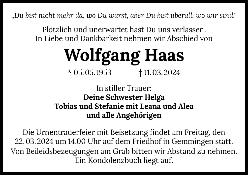  Traueranzeige für Wolfgang Haas vom 16.03.2024 aus GESAMT