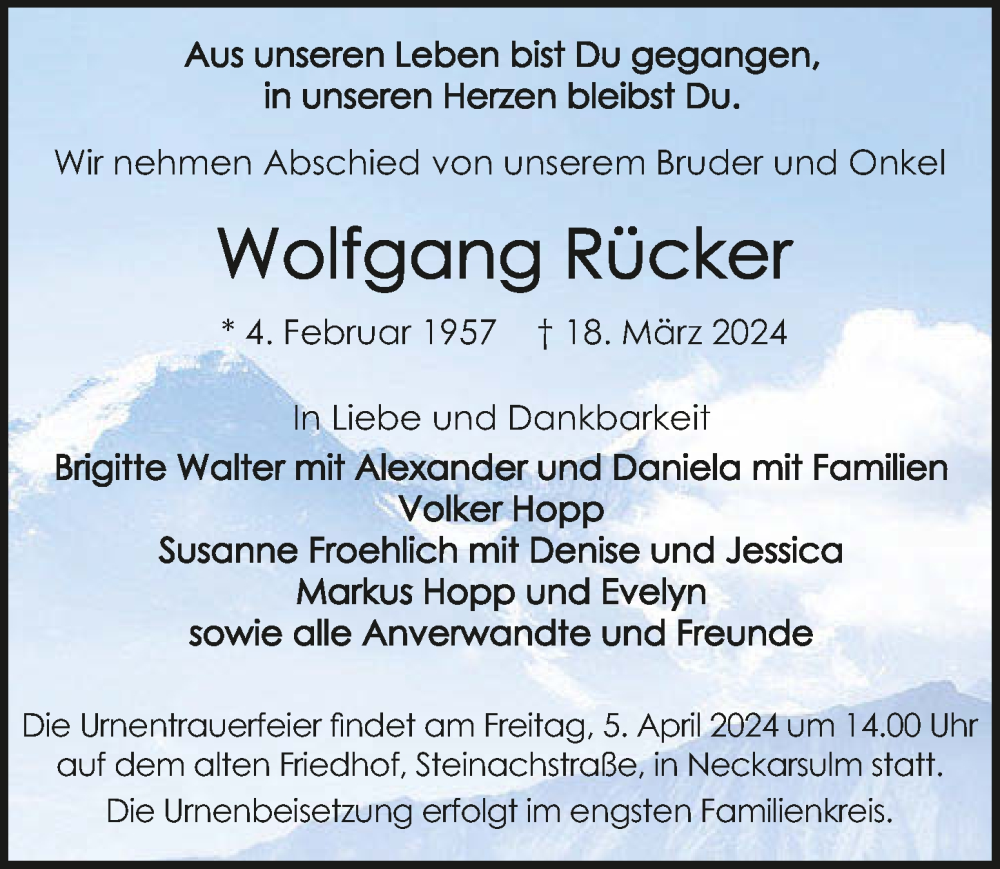  Traueranzeige für Wolfgang Rücker vom 30.03.2024 aus GESAMT
