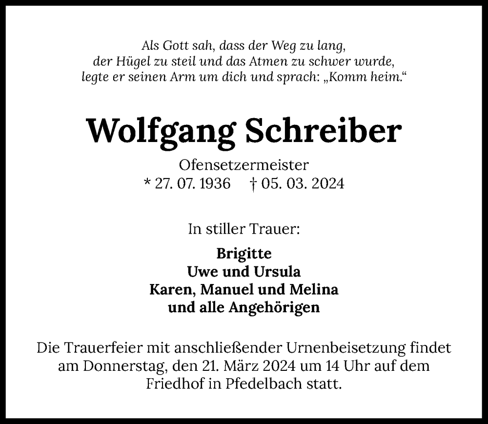  Traueranzeige für Wolfgang Schreiber vom 16.03.2024 aus GESAMT