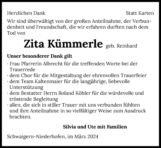 Traueranzeige von Zita Kümmerle von GESAMT