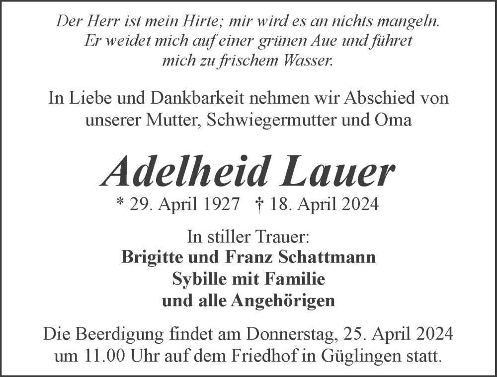  Traueranzeige für Adelheid Lauer vom 23.04.2024 aus GESAMT