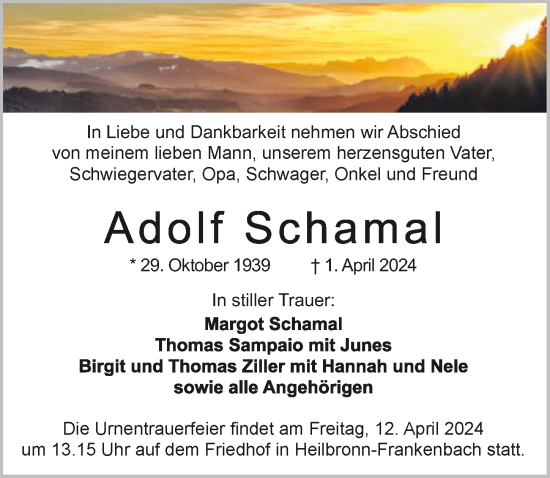 Traueranzeige von Adolf Schamal von GESAMT