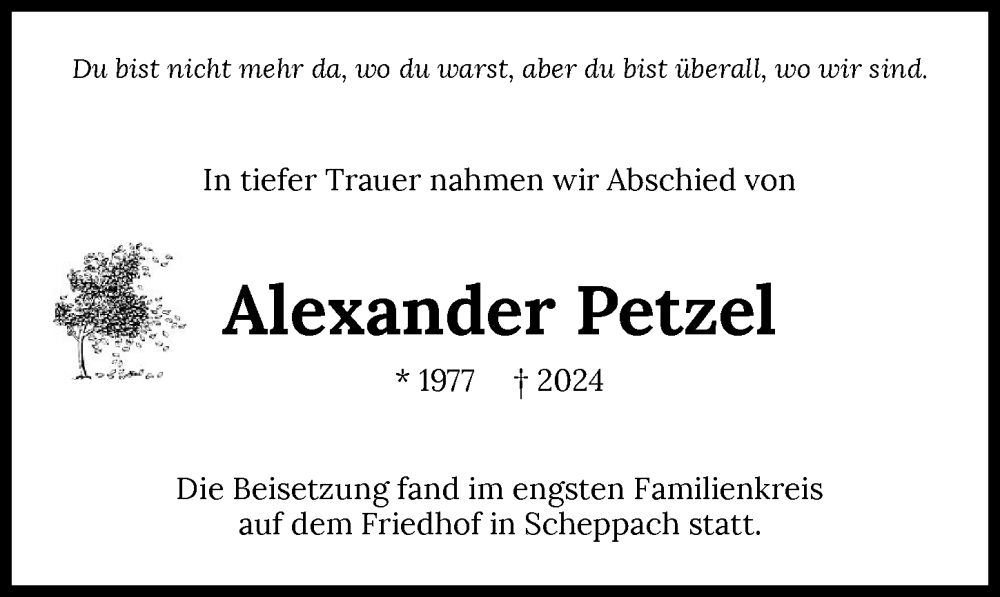  Traueranzeige für Alexander Petzel vom 27.04.2024 aus GESAMT