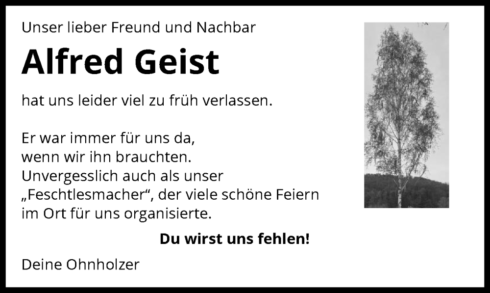  Traueranzeige für Alfred Geist vom 03.04.2024 aus GESAMT