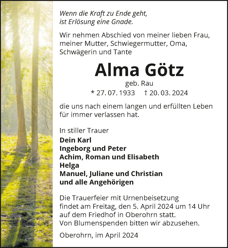  Traueranzeige für Alma Götz vom 02.04.2024 aus GESAMT
