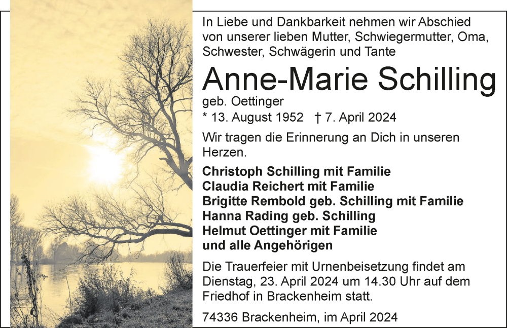  Traueranzeige für Anne-Marie Schilling vom 20.04.2024 aus GESAMT