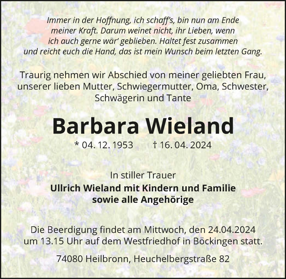  Traueranzeige für Barbara Wieland vom 20.04.2024 aus GESAMT