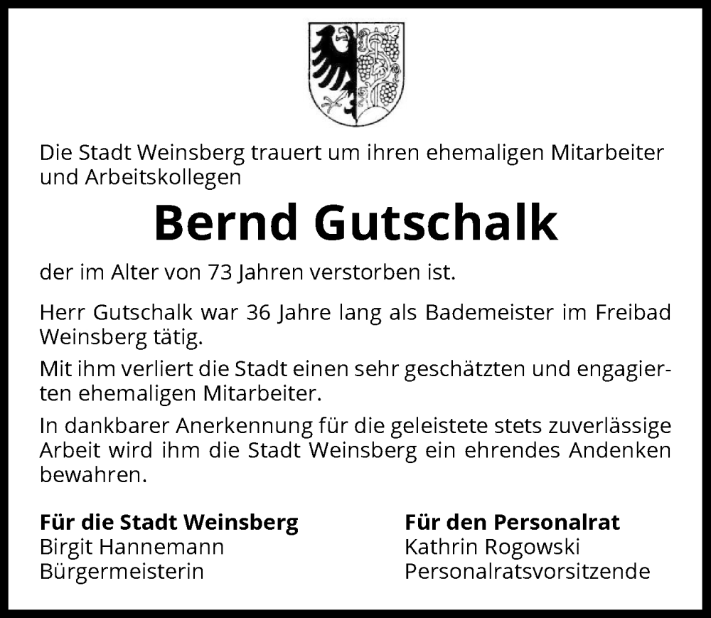  Traueranzeige für Bernd Gutschalk vom 20.04.2024 aus GESAMT