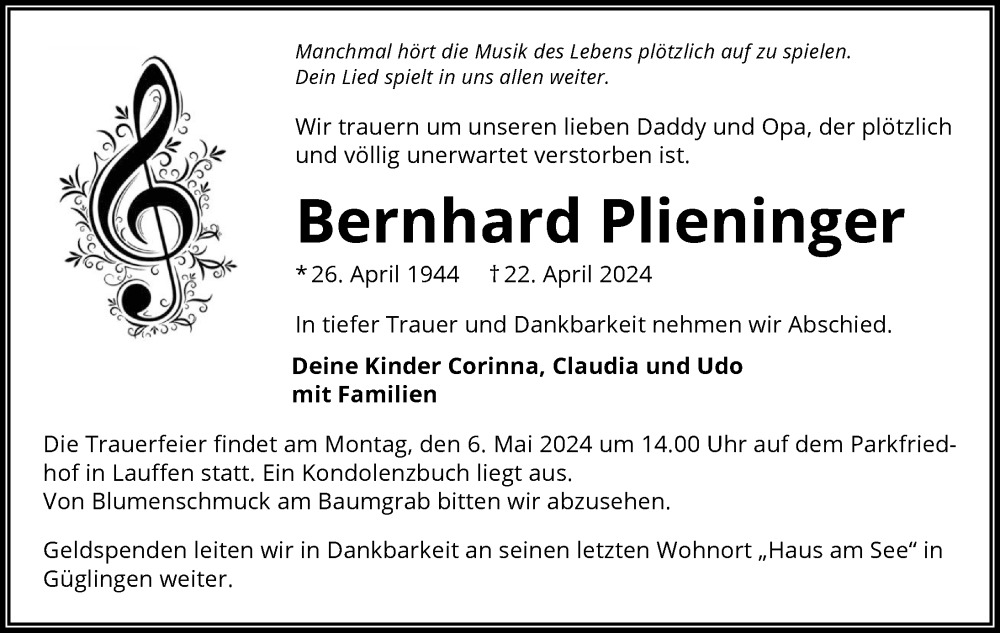  Traueranzeige für Bernhard Plieninger vom 27.04.2024 aus GESAMT