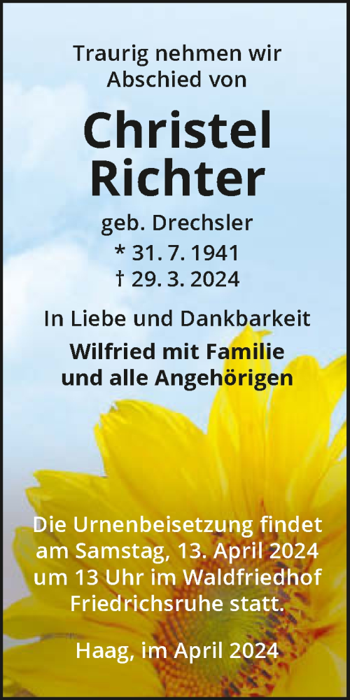  Traueranzeige für Christel Richter vom 09.04.2024 aus GESAMT
