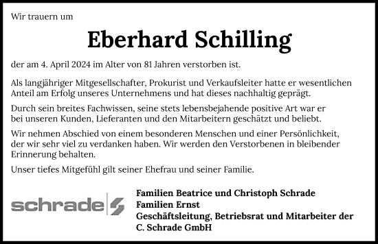 Traueranzeige von Eberhard Schilling