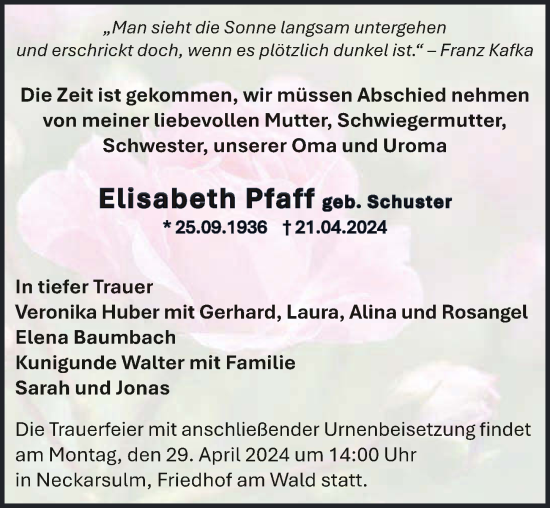 Traueranzeige von Elisabeth Pfaff von GESAMT