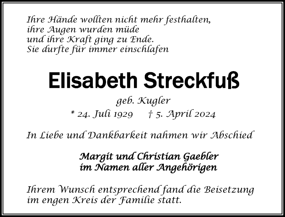  Traueranzeige für Elisabeth Streckfuß vom 20.04.2024 aus GESAMT