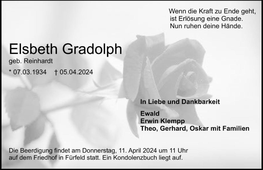  Traueranzeige für Elsbeth Gradolph vom 09.04.2024 aus GESAMT