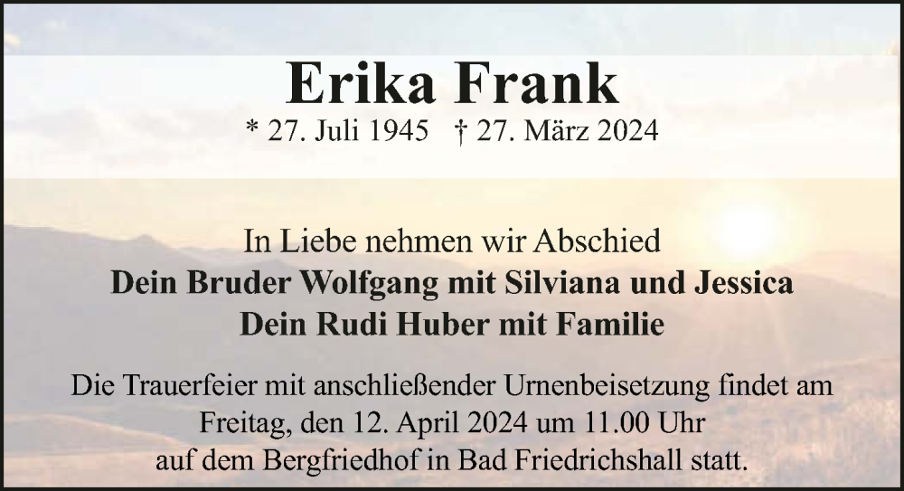  Traueranzeige für Erika Frank vom 06.04.2024 aus GESAMT