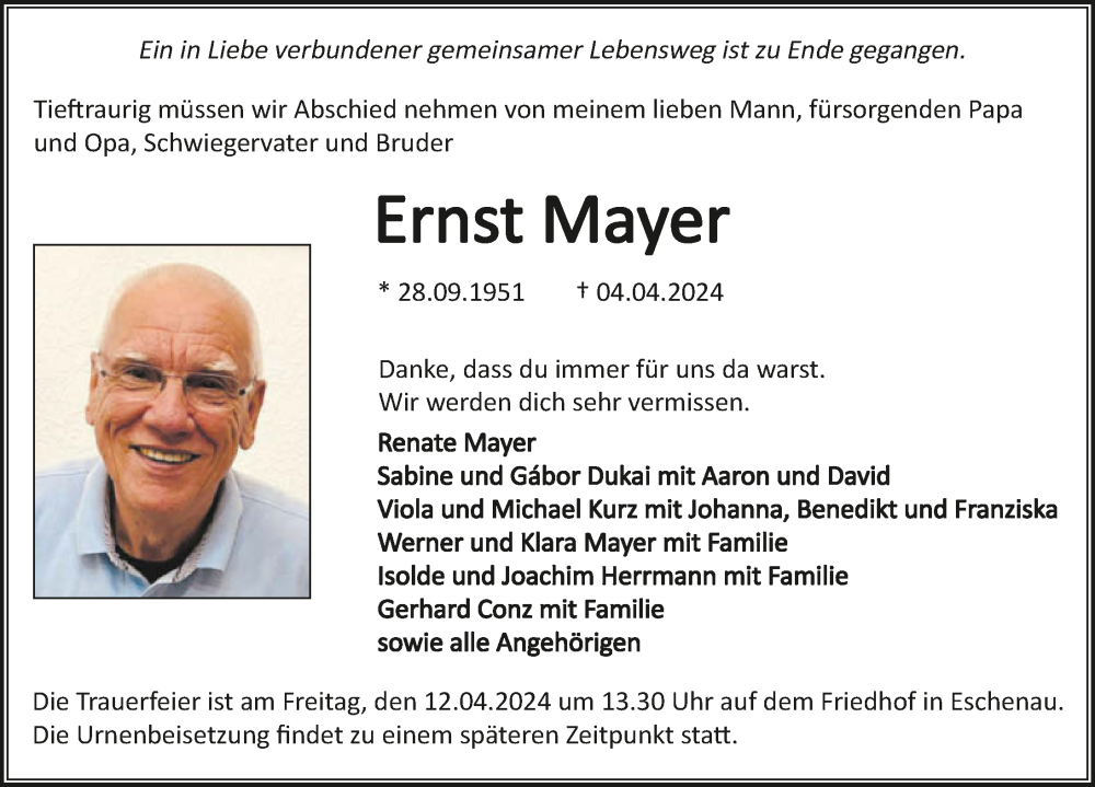  Traueranzeige für Ernst Mayer vom 09.04.2024 aus GESAMT