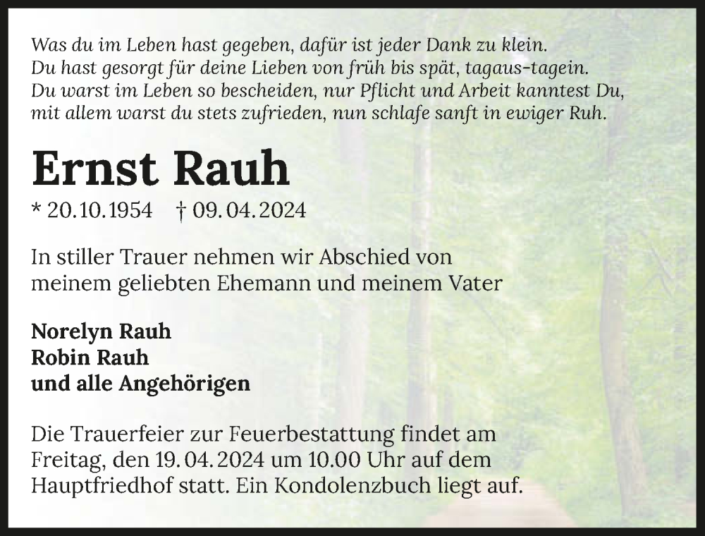  Traueranzeige für Ernst Rauh vom 13.04.2024 aus GESAMT