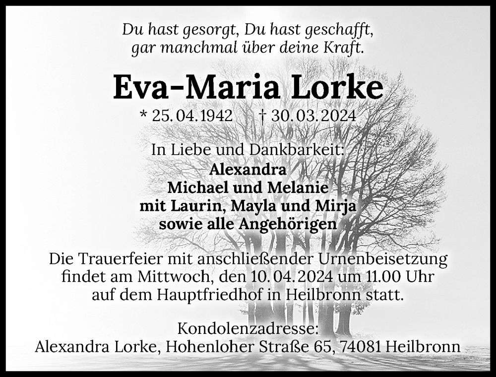  Traueranzeige für Eva-Maria Lorke vom 06.04.2024 aus GESAMT