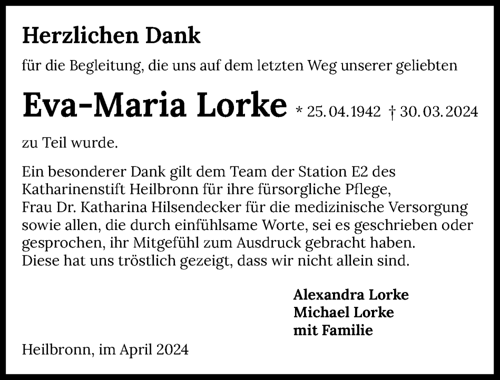  Traueranzeige für Eva-Maria Lorke vom 17.04.2024 aus GESAMT