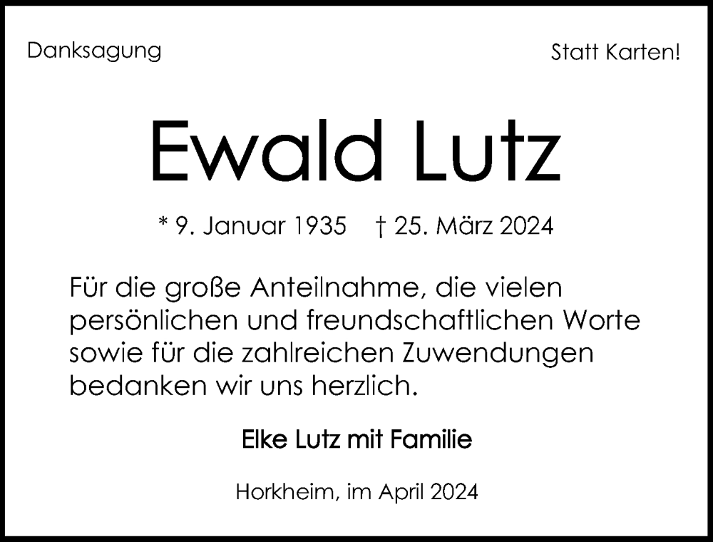  Traueranzeige für Ewald Lutz vom 20.04.2024 aus GESAMT