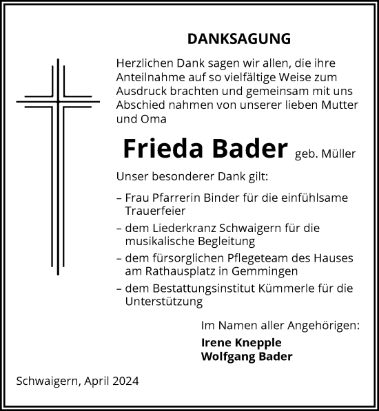 Traueranzeige von Frieda Bader von GESAMT