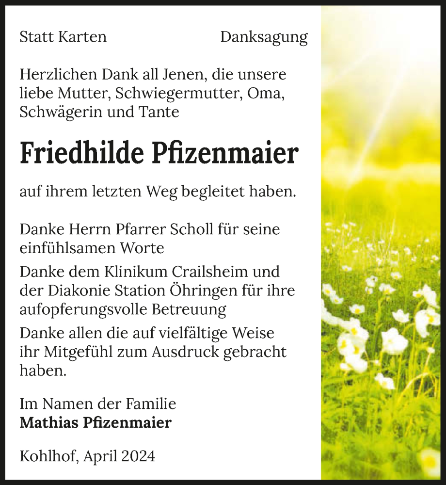  Traueranzeige für Friedhilde Pfizenmaier vom 09.04.2024 aus GESAMT