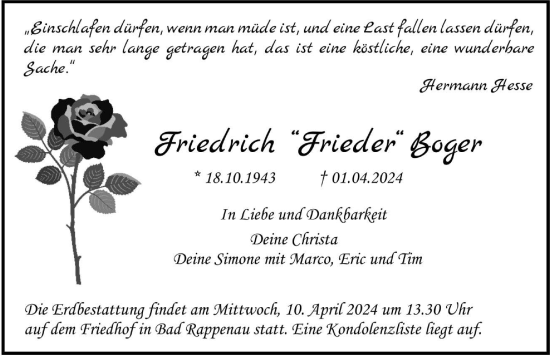 Traueranzeige von Friedrich Boger von GESAMT