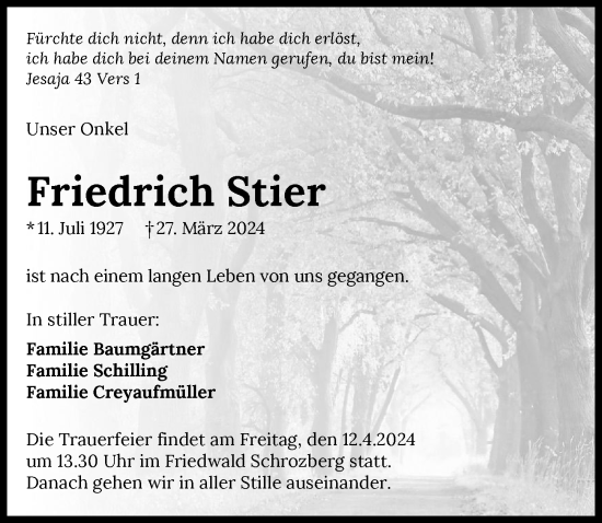 Traueranzeige von Friedrich Stier von GESAMT