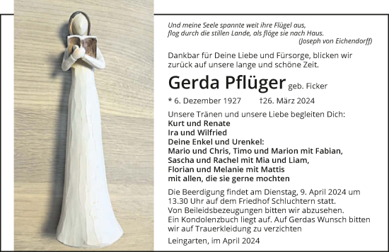 Traueranzeige von Gerda Pflüger von GESAMT