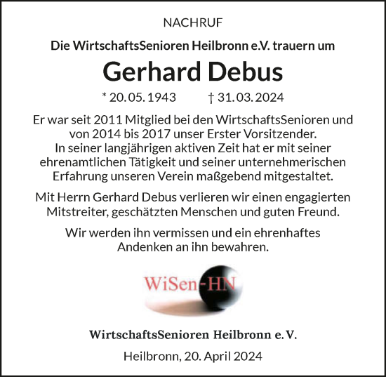 Traueranzeige von Gerhard Debus von GESAMT