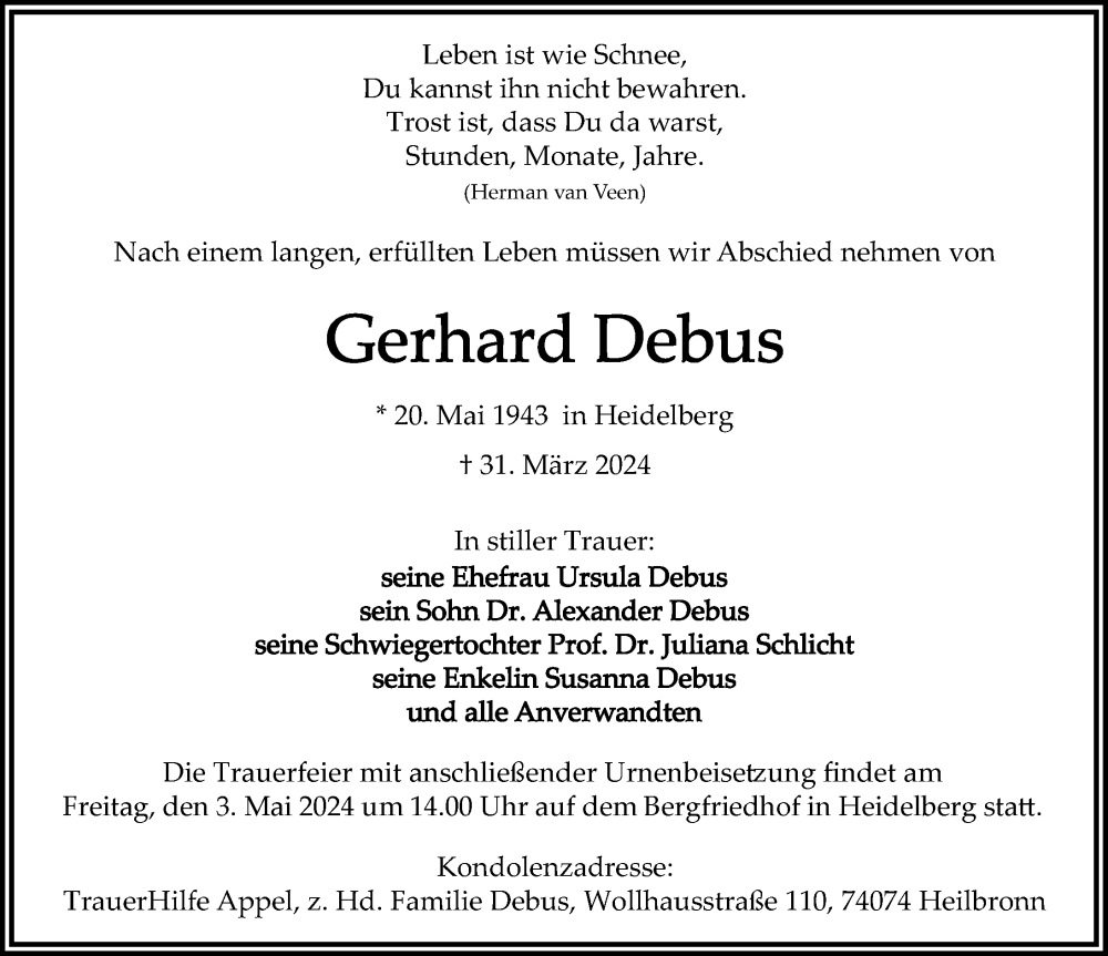  Traueranzeige für Gerhard Debus vom 20.04.2024 aus GESAMT