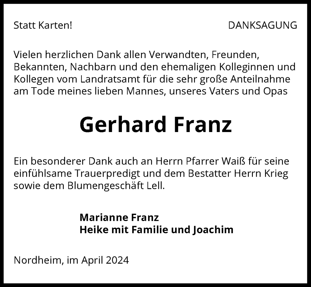  Traueranzeige für Gerhard Franz vom 05.04.2024 aus GESAMT