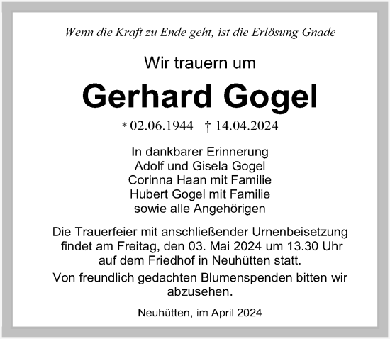 Traueranzeige von Gerhard Gogel von GESAMT