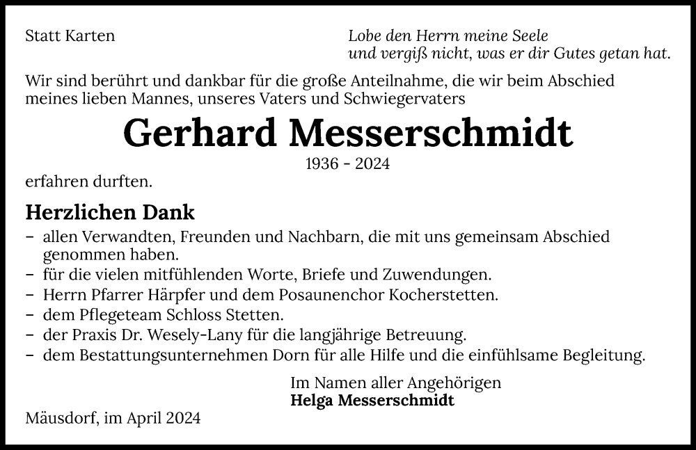  Traueranzeige für Gerhard Messerschmidt vom 24.04.2024 aus GESAMT