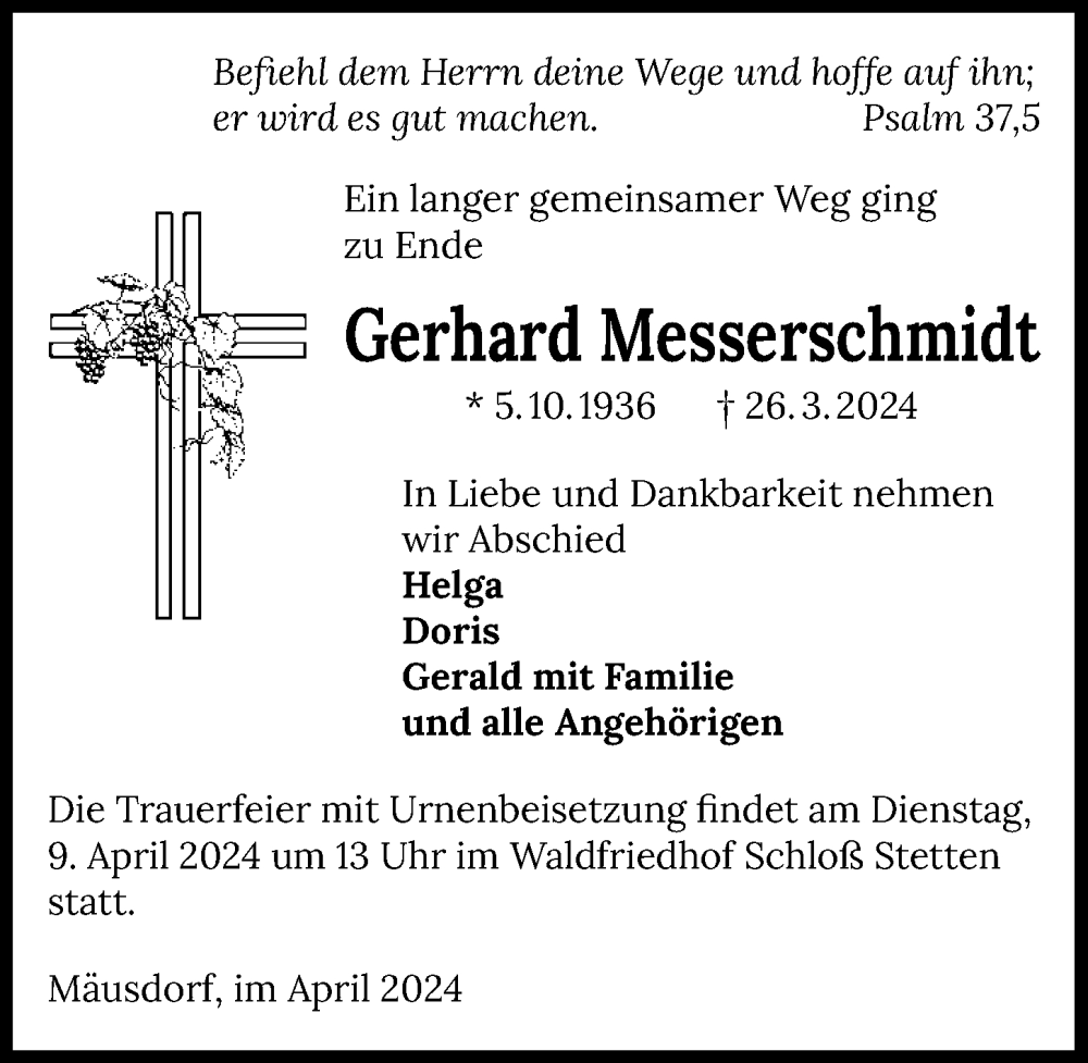  Traueranzeige für Gerhard Messerschmidt vom 04.04.2024 aus GESAMT