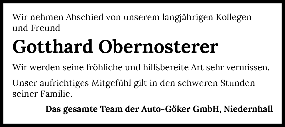  Traueranzeige für Gotthard Obernosterer vom 17.04.2024 aus GESAMT