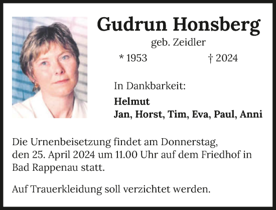 Traueranzeige von Gudrun Honsberg von GESAMT