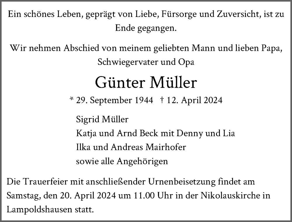  Traueranzeige für Günter Müller vom 17.04.2024 aus GESAMT