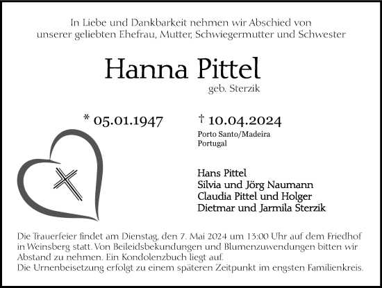 Traueranzeige von Hanna Pittel von GESAMT