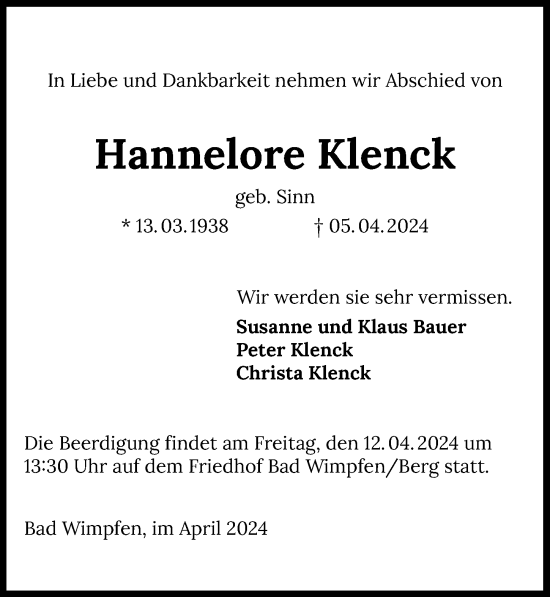 Traueranzeige von Hannelore Klenck von GESAMT