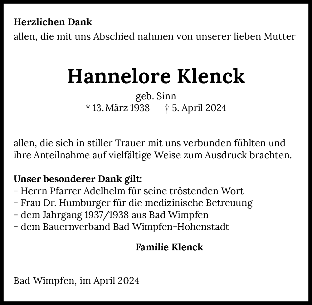  Traueranzeige für Hannelore Klenck vom 27.04.2024 aus GESAMT
