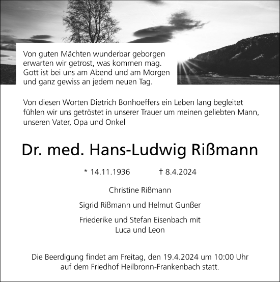 Traueranzeige von Hans-Ludwig Rißmann von GESAMT