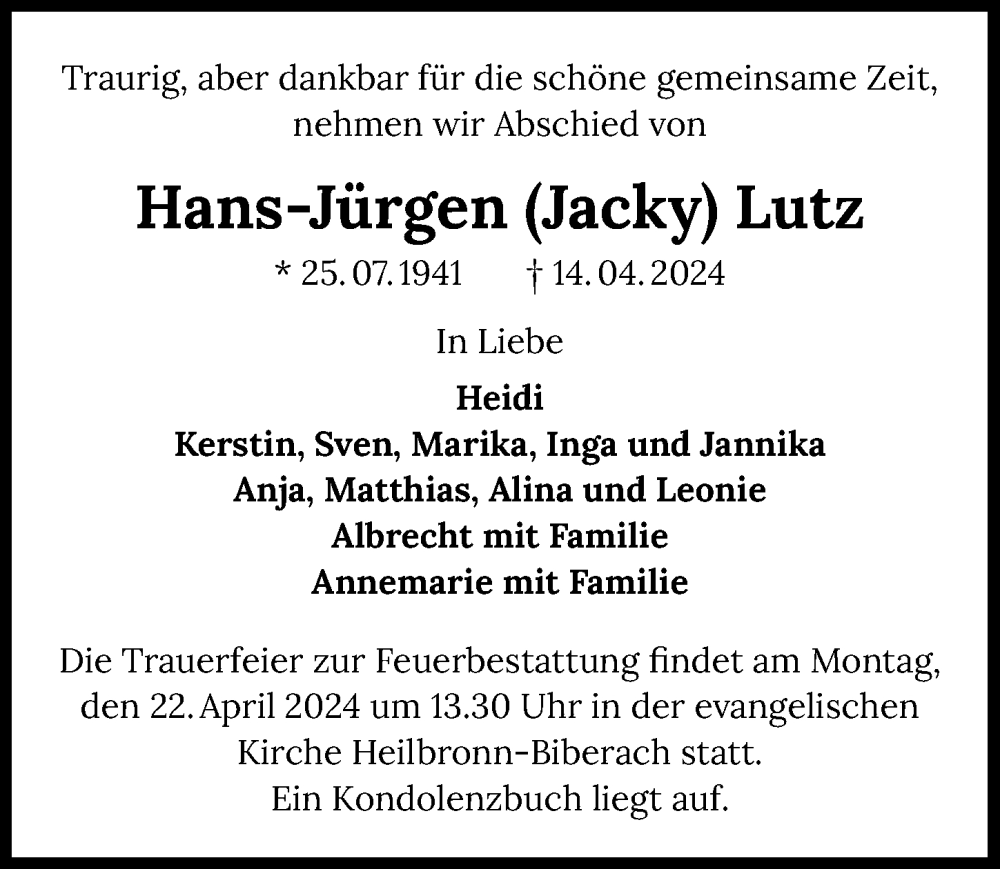  Traueranzeige für Hans Jürgen  Lutz vom 20.04.2024 aus GESAMT