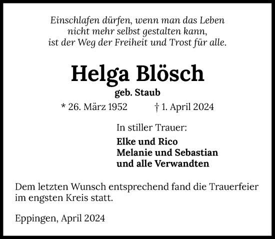 Traueranzeige von Helga Blösch von GESAMT
