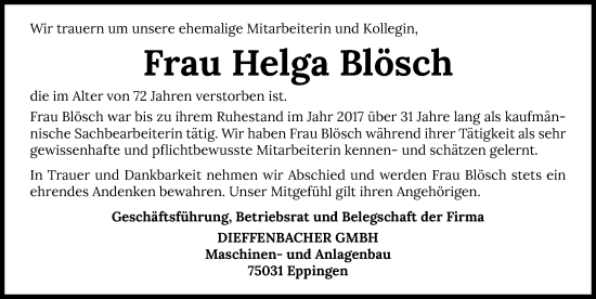 Traueranzeige von Helga Blösch von GESAMT