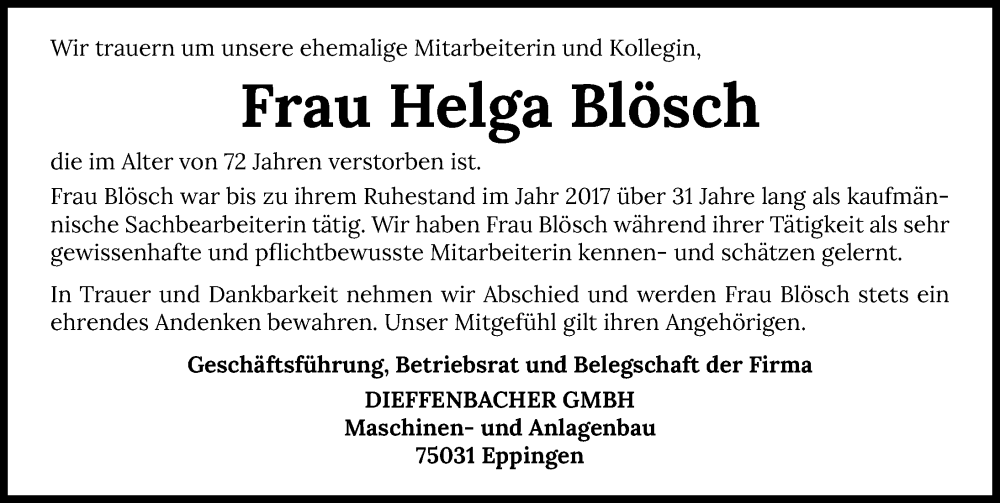  Traueranzeige für Helga Blösch vom 11.04.2024 aus GESAMT