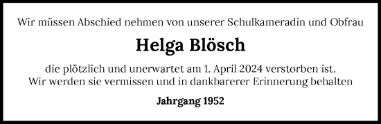 Traueranzeige von Helga Blösch von GESAMT