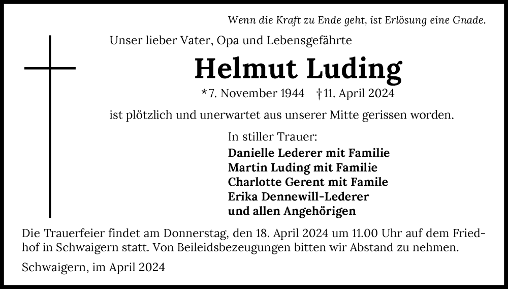  Traueranzeige für Helmut Luding vom 13.04.2024 aus GESAMT