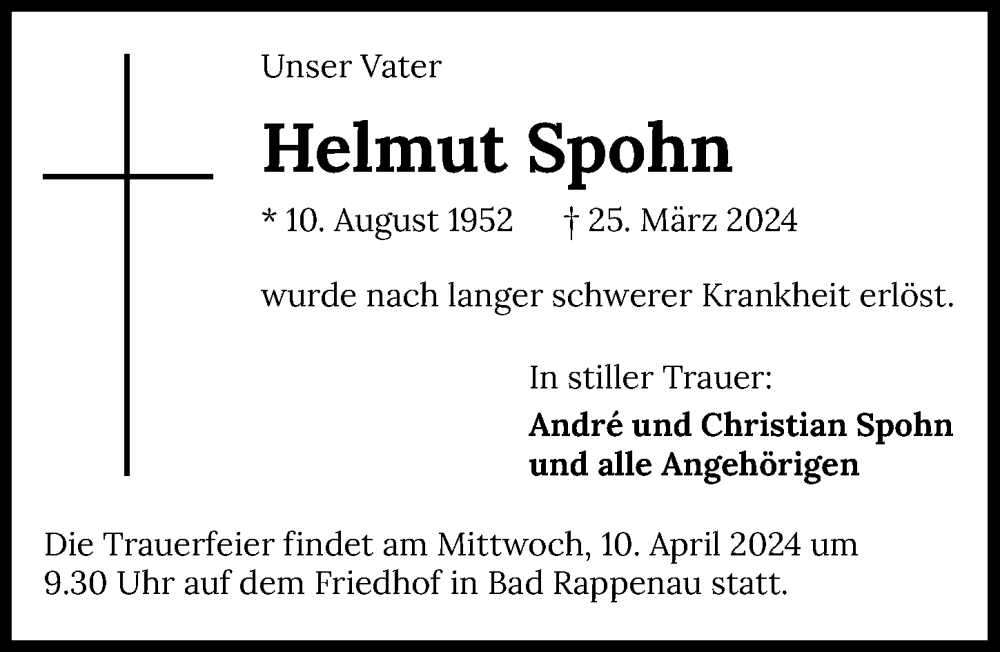 Traueranzeige für Helmut Spohn vom 06.04.2024 aus GESAMT