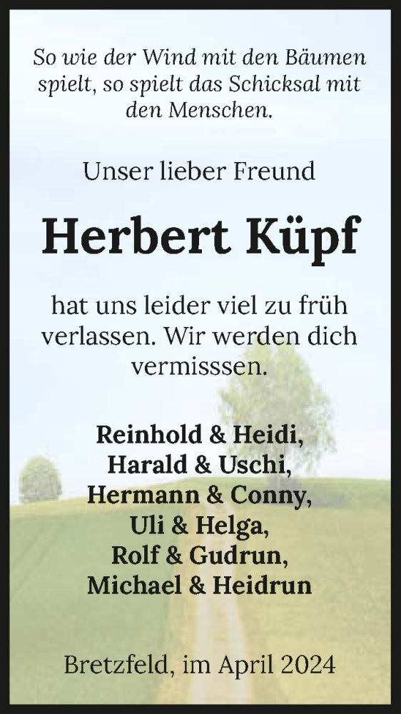  Traueranzeige für Herbert Küpf vom 09.04.2024 aus GESAMT